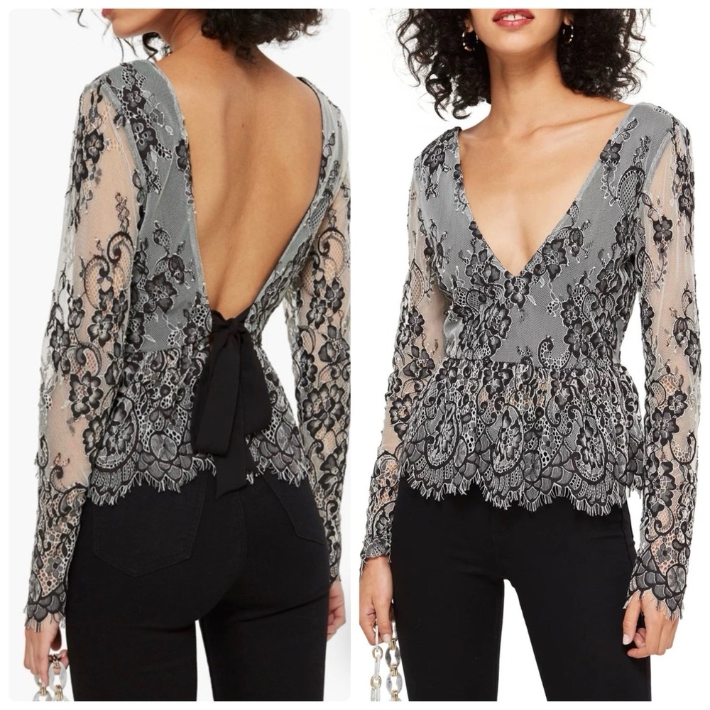 Topshop Gray and Black Lace Peplum Long Sleeve V-Neck Top